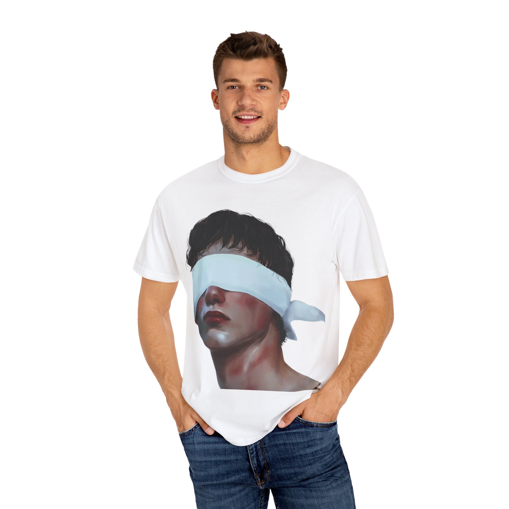 Cool Blindfolded Art Tee, Unique Graphic T-Shirt, Unisex Fashion Top, Summer Casual Wear, Gift for Art Lovers