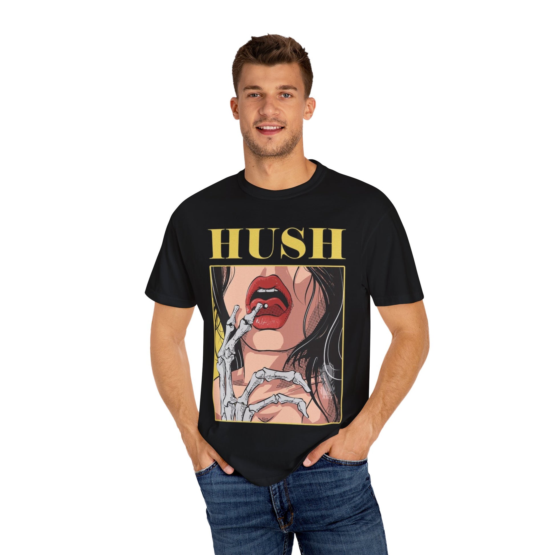 Hush Skeleton T-Shirt, Graphic Tee, Unisex Apparel, Statement Shirt, Halloween Costume, Trendy Fashion